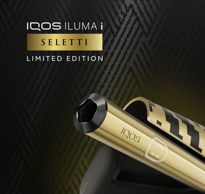 IQOS ILUMA i x SELETTI Limited Edition – tume taust, detailid hoidjal ja laadijal