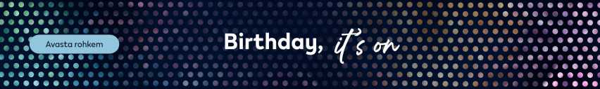 Tume taust helendavate värviliste pallikestega. Tekst Birthday it's on.