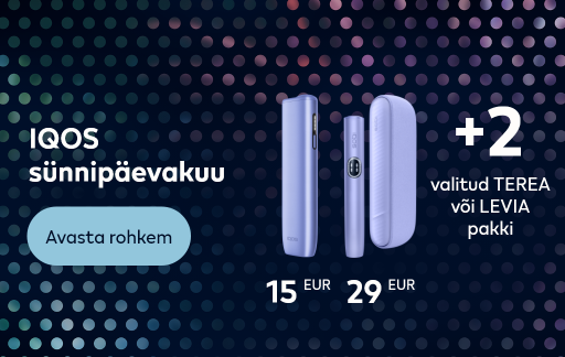 Tume taust helendavate värviliste pallikestega. Tekst IQOS sünnipäevakuu. Lillad IQOS seadmed +2 pakki nikotiinipulki teave. Nupp Avasta rohkem