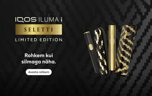 Tumedal taustal Seletti erikollektsioon IQOS seadmed. Nupp Avasta rohkem