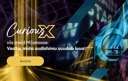 "Fotod Curious X lõpuüritusest Milanos – rahvahulk, peaesinejad Adriatique laval, ürituse dekoratsioonid. Curious X logo vertikaalse kuldsete tulede tausta peal. Tekst: „Curious X viis meid Milanosse. Vaata, mida uudishimu suudab luua.“ Nupp: „Avasta“"