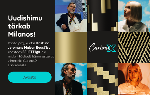 Värviliste ruutudega pilt Seletti disaineri, kuldsete elementide ja Kristiina Jeromansiga. Tekstiga Uudishimu tärkab Milanos!​ Vaata järgi, kuidas Kristiina koostöös SELETT'iga lõid midagi hämmastavat Curious X sündmuseks.​Nupp Avasta.