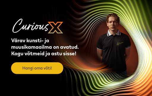 Curious X kampaania bänner abstraktsete valgusjoonte ja inimesega. Kutse koguda võtmeid ning avastada kunsti- ja muusikamaailma. Nupp: „Hangi oma võti!”.