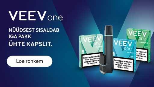 Sinine taust koos V tähega, millel näha kapslite pakke ja musta seadet