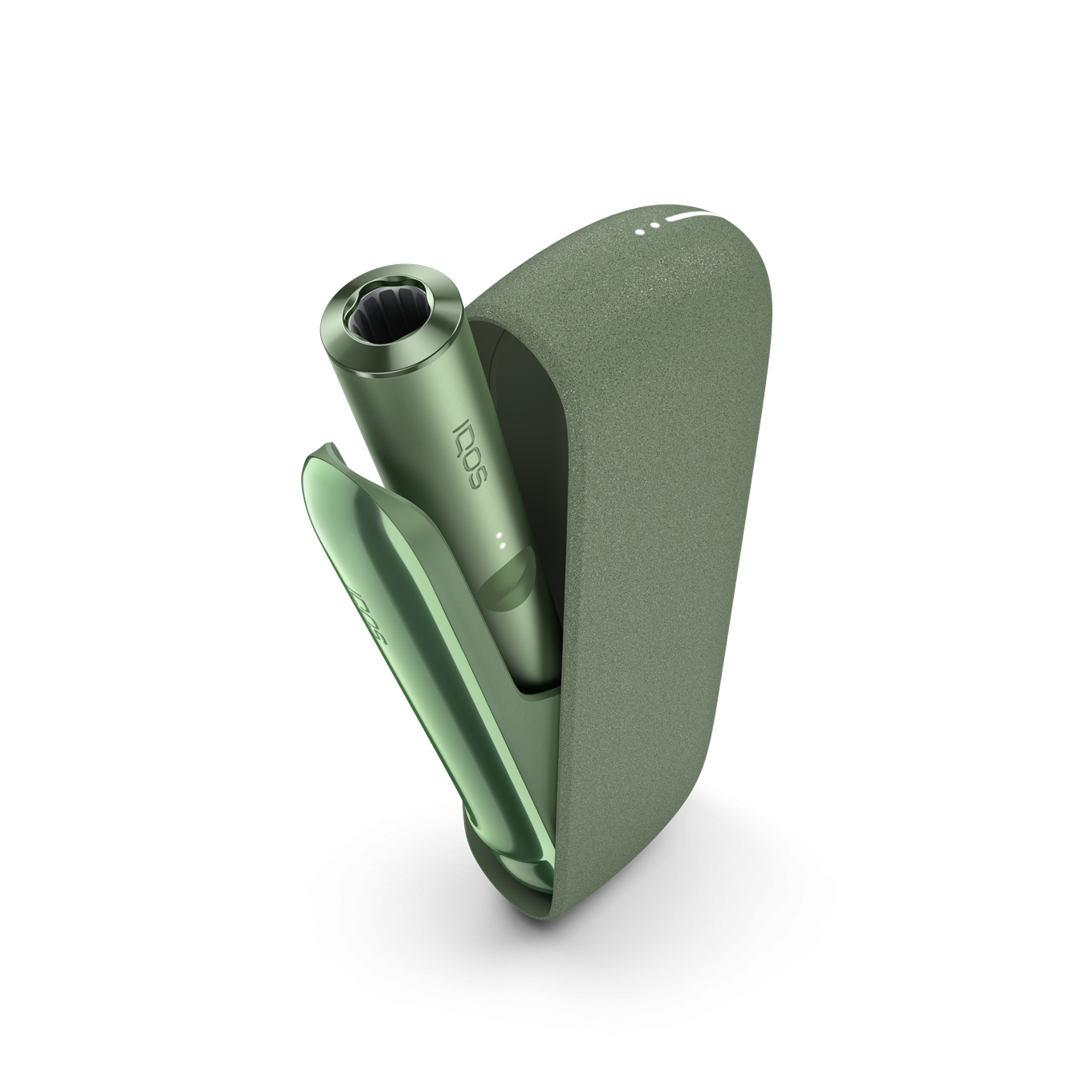 Держатель IQOS ILUMA цвета Moss Green внутри устройства с открытыми дверцами